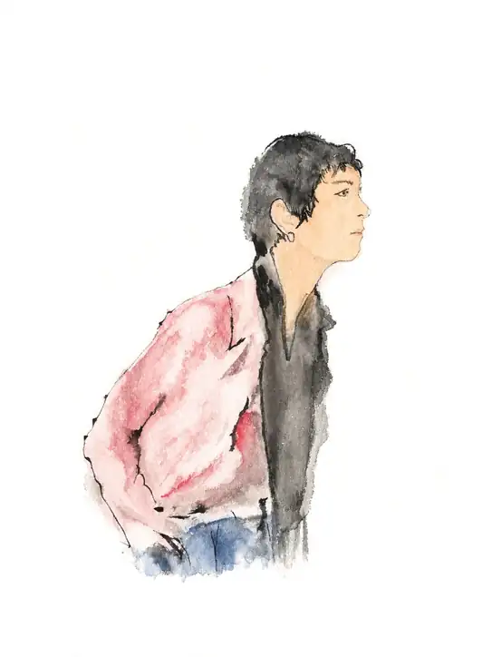 Hand-painted profile of a seated figure wearing a pink jacket.
