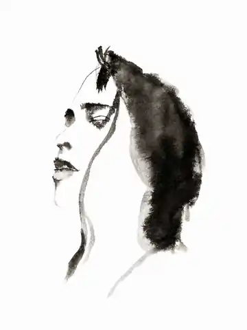 Monochrome hand-drawn profile emerging from a dense dark mass of hair.