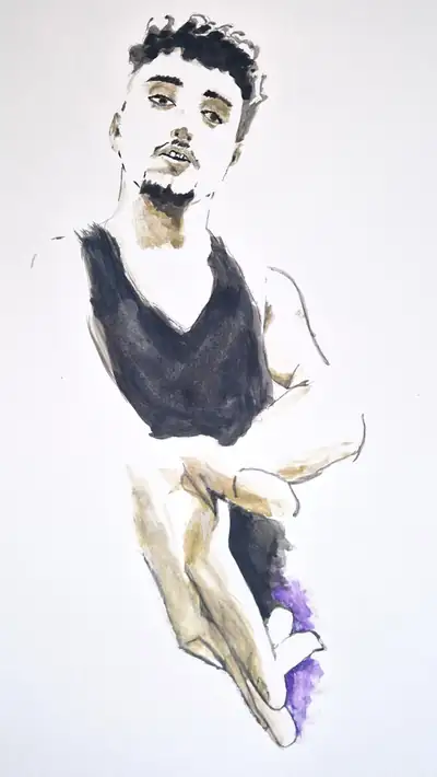 Hand-painted seated male figure in black, neutral ochre and violet with loose unfinished edges.