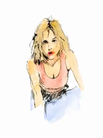 Hand-painted frontal study of a seated figure in a pink top and pale blue trousers.