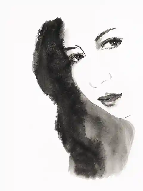Hand-made portrait in which a dark textured mass defines one side of the face and body.