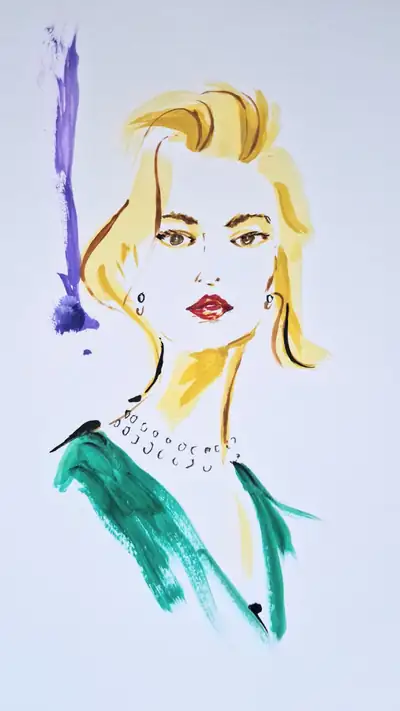 Hand-painted blonde editorial portrait in teal with a vertical violet brush gesture.